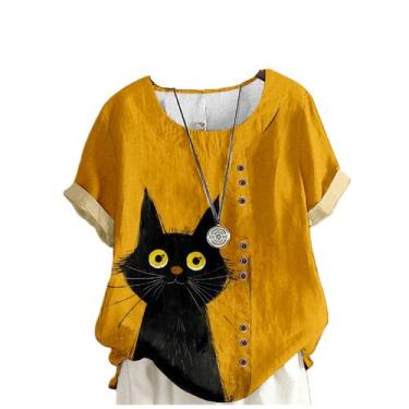 Imagem de Camisa de linho domirica feminina com estampa de gato bordada amarela 