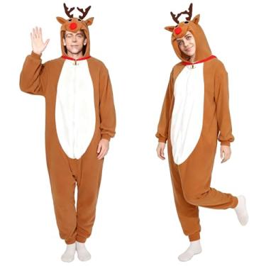 Imagem de HTPARY Pijama de pelúcia unissex adulto de uma peça, fantasia de cervo com sino, pijama fofo, cosplay, macacão de Natal, Marrom, M