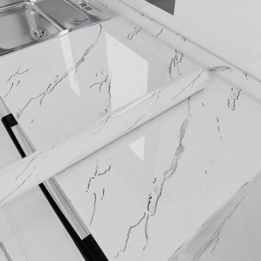 Imagem de Papel de parede cozinha bancada película protetora mármore folha de alumínio à prova d'água à prova de umidade resistente a altas temperaturas autoadesivo opaco elegante branco com detalhes prateados