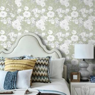 Imagem de ESSMOKO Papel de parede PVC impermeável autoadesivo hotel quarto fundo adesivo de parede verde 44 * 1000 cm