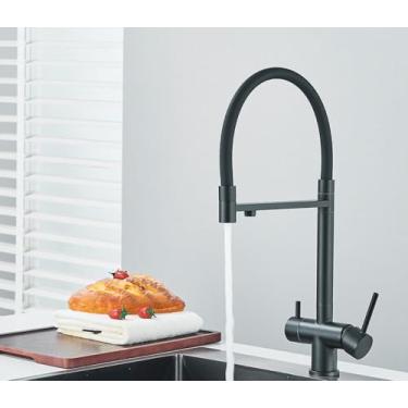 Imagem de Torneira com filtro de água de cozinha, ouro escovado, bico duplo, misturador de água potável pura, rotação, torneiras de purificação de água, preto b