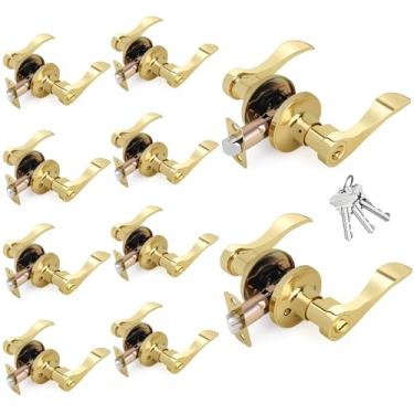 Imagem de LOQRON Pacote com 10 maçanetas de porta tipo onda com chave, maçaneta de porta de entrada com chave com trava, reversível para canhoto/direito para escritório ou porta da frente, acabamento em latão