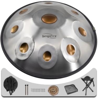 Imagem de Tambor de mão "SINGOFIRE" com 9 notas, tambores de mão para adultos, 55 cm 440 Hz D menor, instrumento HandPan com bolsa macia, 2 marretas de mão, suporte de mão e pano sem poeira (olho dourado)