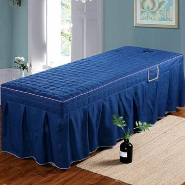 Imagem de Jogo de cama para salão de beleza, cor sólida, para mesa de massagem, adequado para a pele, com saia, lençol grosso macio com bolso lateral, colcha de spa de massagem profissional com furo - azul