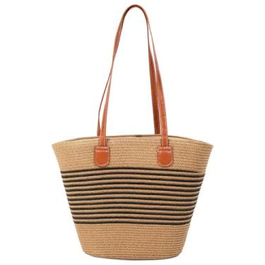 Imagem de MaijjLyn Bolsas de palha para mulheres, bolsa de praia, sacola de tecido, bolsas de ombro grandes, bolsas de ráfia de verão, bolsas de viagem, bolsa de palha, B - listra preta, One Size