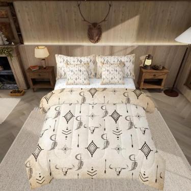 Imagem de Feelyou Conjunto de edredom com estampa de caveira de touro, chifres étnicos, boêmio, tamanho Queen, 7 peças, para crianças, adultos, preto, marrom, tribal, misterioso, cama asteca em uma bolsa
