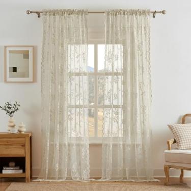 Imagem de Cortinas de renda cáqui 2 painéis de comprimento 2 painéis vintage para sala de estar, bordado botânico, bolso de haste, filtro de luz, cortinas transparentes acinzentadas para decoração de janela