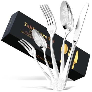 Imagem de Conjunto de talheres de aço inoxidável de 30 peças, elegante conjunto de talheres florais gravados para 6, conjuntos de utensílios de mesa duráveis, prata, inclui garfo, colher, faca com polimento