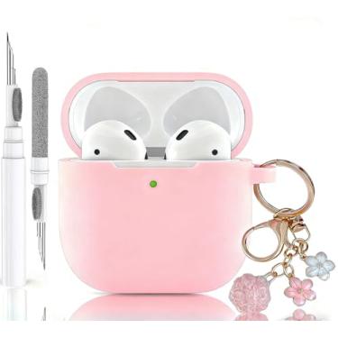 Imagem de Olytop Linda capa para Airpods 4 para meninas e mulheres, compatível Airpod 4ª geração com chaveiro de pompom de flor e caneta de limpeza, capa protetora de silicone macio para Apple iPod 4 geração