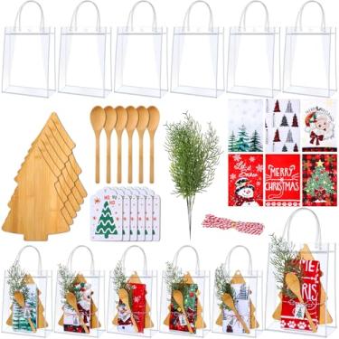 Imagem de AceOrbit 37 peças de utensílios de cozinha de Natal, 6 conjuntos de colher de tábua de servir de bambu para árvore de Natal, cartão de agradecimento e sacolas de presente de Natal para férias de
