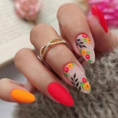 Imagem de Kit de unhas de pressão em forma de amêndoa unhas postiças médias mate com design de flores cola em gel nas unhas para mulheres acrílico bastão falso em unhas decorações de manicure para casamento 24