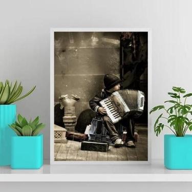 Imagem de Quadro Menininho Com Sanfona 33X24Cm Com Vidro - Preta - Quadros On-Li