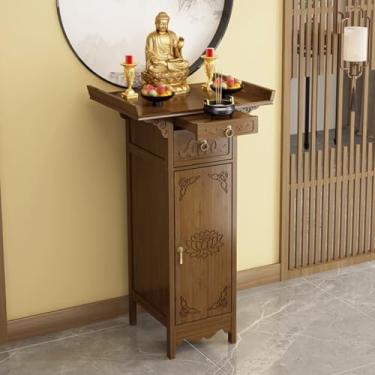 Imagem de Mesa de altar de Buda de bambu com gaveta, armário de santuário de meditação chinesa, incenso doméstico e mesa de oração, nicho espiritual pessoal (60 x 40 x 108 cm)