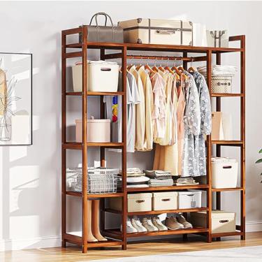 Imagem de Rack de roupas de madeira maciça, sistema de armário de bambu, suporte de roupas para pendurar roupas, cabideiro independente com prateleiras, para entrada e quarto, 170 cm