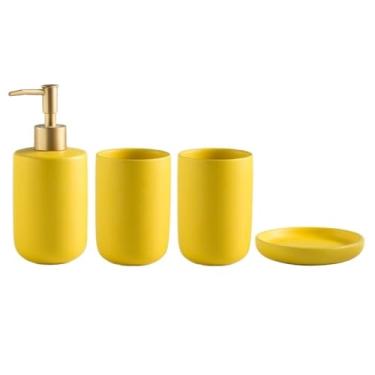 Imagem de Conjunto de 4 peças de acessórios de banheiro de cerâmica para banheiro, inclui dispensador de sabão de loção, copo de enxaguante bucal e xampu de saboneteira (amarelo)