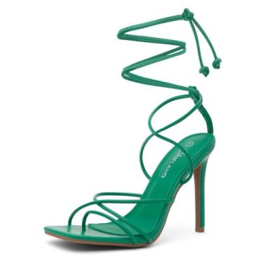 Imagem de Shoe Land Sandália feminina SL-Finely com cadarço e salto agulha de amarrar no tornozelo salto agulha bico aberto tiras tiras sapatos de festa, Verde, 41
