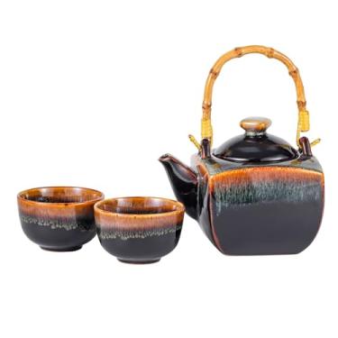 Imagem de Conjunto de chá de porcelana de 897 ml com 2 xícaras de chá com coador de infusor e alça superior de bambu, cerimônia de chá esmaltada reativa, estilo japonês (marrom preto)