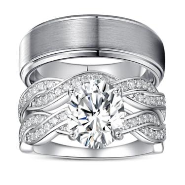 Imagem de Corato Anéis de compromisso para ele e ela para casais, aliança de tungstênio masculina e banhado a ouro branco 6 quilates com zircônia cúbica de corte oval, solitário, anel de noivado de nó infinito