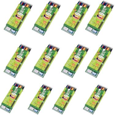 Imagem de Kit 12 Caixas Lapis De Cor Coleção 12 Cores Com Apontador E Borracha Pacote Atacado Escolar