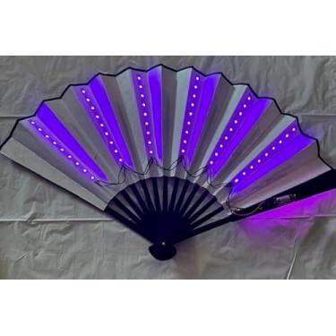Imagem de Ventilador dobrável com iluminação LED, papel branco com moldura preta, ventilador de mão iluminado alimentado por bateria (luzes rosa)