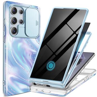 Imagem de GVIEWIN Capa para Samsung Galaxy S24 Ultra, [capa de câmera deslizante e protetor de tela de privacidade integrado] [2 molduras frontais] Capa de telefone mármore à prova de choque de grau militar