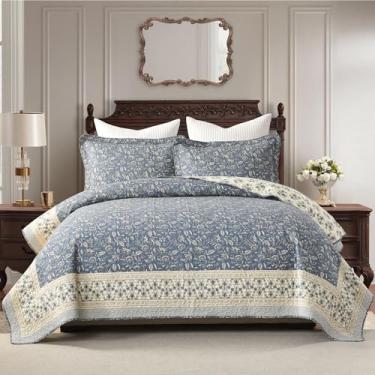 Imagem de PANGUSHAN Conjunto de colcha King Size - Conjunto de edredom King 100% algodão, colcha floral vintage com 2 fronhas, roupa de cama leve reversível, colcha de cama king para todas as estações, azul