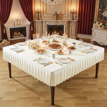 Imagem de Toalha de mesa quadrada marfim de 152 x 152 cm, sem rugas, marfim para mesas quadradas, saia de mesa de cetim de tecido decorativo lavável para casamento, aniversário, coquetel, buffet, jantar
