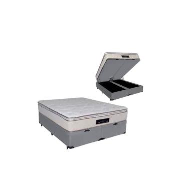 Imagem de Cama Box Baú Queen Suede + Colchão Cloud Pillow Top Molas Ensacadas Luckspuma 158x198x74 Cor:cinza