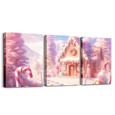 Imagem de Conjunto de 3 arte de parede em tela Candy House, donut, emoldurado, decoração de parede, princesa, meninas, sobremesa, impressões, arte para parede, Natal, doces, pendurar fotos, decoração de casa