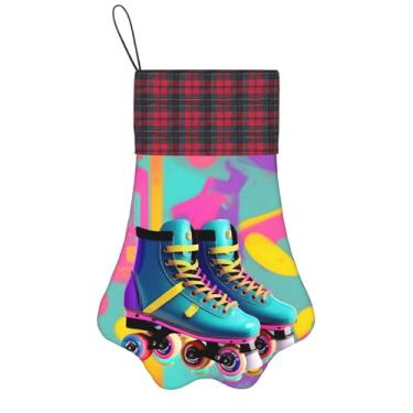 Imagem de Patins coloridos retrô estampados, meias de Natal, animais de estimação, decoração de Natal, cães, gatos, árvores, doces, presente, conveniente