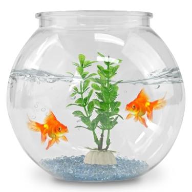 Imagem de DARENYI Tambor de aquário redondo de plástico dourado para aquário com 1 planta aquática artificial e 1 bolsa de mini pedras ornamentais (2,75 litros)