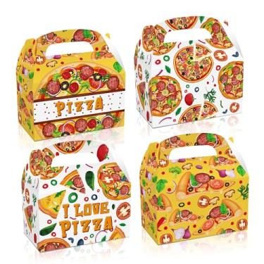Imagem de 12 caixas de presente com tema de pizza vibrante, design colorido e divertido com fatias de pizza, estrutura de papelão resistente com alça conveniente, perfeita para festas de pizza, aniversários e