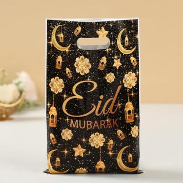 Imagem de 50 peças de sacos de presente Eid Mubarak, estampa de lanterna de lua dourada, tema do Ramadã, sacos de guloseimas de plástico preto com alça, bolsa de lanche para lembrancinha de festa islâmica