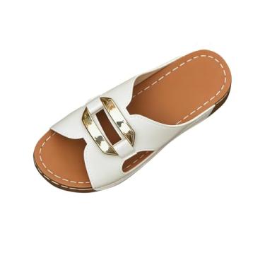 Imagem de Sandália feminina casual plataforma plataforma vazada fivela tira praia leve confortável, Branco, 36