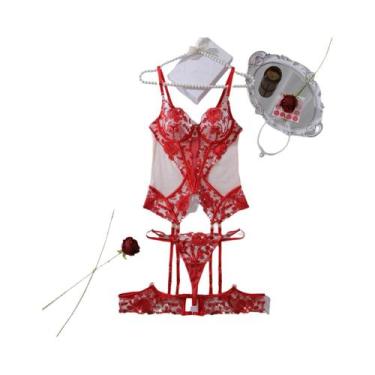 Imagem de Conjunto De Lingerie Vermelha Slim Fit Bordada Com Incrustação De Pedr
