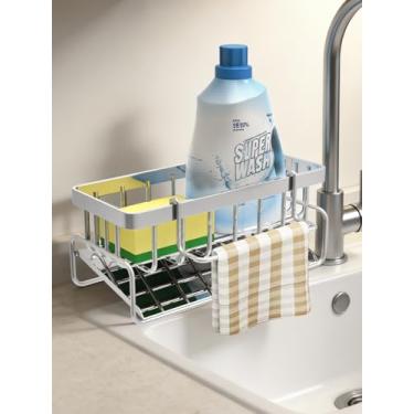 Imagem de Organizador de pia de cozinha com suporte de pano de louça, suporte de esponja autodrenante para pia, organizador de dispensador de sabão de bancada de aço inoxidável, decoração e acessórios, prata