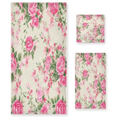 Imagem de xigua Conjunto de toalhas de banheiro rosas e flores absorvente macio 3 peças toalha de banho toalha de mão toalhas decorativas para banheiro, academia, hotel, praia, piscina