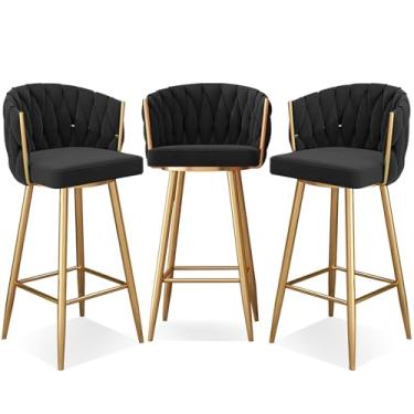 Imagem de Banquetas de bar giratórias modernas de 360°, cadeiras de cozinha estofadas de altura de bar com pernas de aço e apoio para os pés, perna dourada preta, 3 peças
