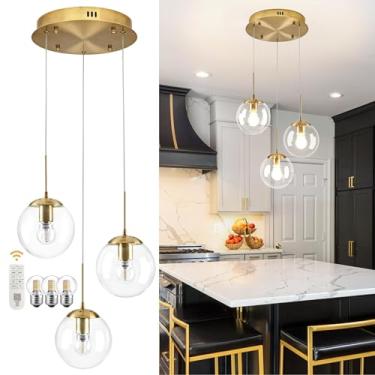 Imagem de KoKo&Yukina 3 Lustres De Vidro Globo De Luz Moderna Dourada Transparente Lustre De Vidro Globo Comprimento Ajustável Luminárias Pendentes Luz De Teto Alto Para Hall Corredor Sala De Jantar