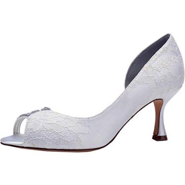 Imagem de Vestido feminino renda D Orsay salto casamento Sandas para noiva Peep Toe vestido de festa formatura noite strass, Branco, 8