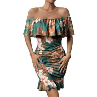 Imagem de Camisa Feminina Floral Print Off Shoulder Ruffle Trim Ruched Bodycon Dress (Color : Dark Green, Size : XL)