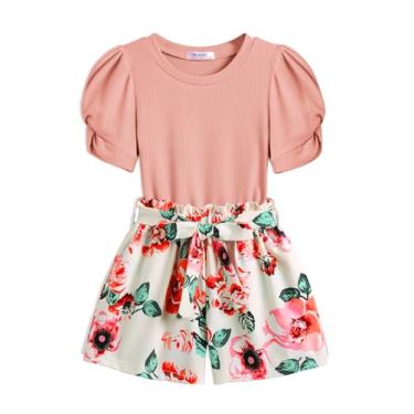 Imagem de Arshiner Conjunto de 2 peças de roupas de verão para meninas, manga bufante torcida e bolsa de papel de cintura alta com bolsos, Flor rosa, 5-6 Y