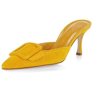Imagem de Divanne Mules de salto para mulheres, bico fino, salto baixo, fivela, salto gatinho, sandálias de costas nuas, B - amarelo - 6,5 cm, 9