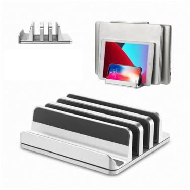 Imagem de Suporte vertical para laptop [versão atualizada], suporte de mesa com 3 compartimentos com base ajustável, design 4 em 1 de alumínio para MacBook de mesa/Surface/Samsung/HP/Dell/Chrome Book (prata)