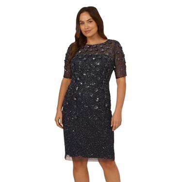 Imagem de Adrianna Papell Vestido de coquetel feminino com contas, Azul-marinho empoeirado, 25 Plus Size