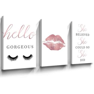 Imagem de Tela de maquiagem decoração de parede salão de beleza arte de parede moderna moda arte de cílios ouro rosa moda pôster batom lábios cílios arte pôster impresso para mulheres decoração de quarto de