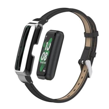 Imagem de T-BLUER Pulseiras de substituição de couro compatíveis com Huawei Band 10/9/8/7, acessórios de pulseira de couro com moldura de metal para Huawei Band 7/8/9/10, preta
