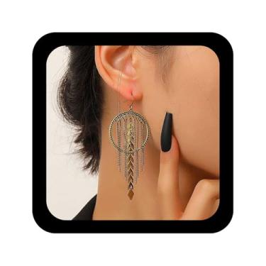 Imagem de Allereyae Brincos de gota vintage com corrente de oliveira, folhas douradas, pendentes, borla, argola oca, joia feminina, Zinco, Sem pedra preciosa