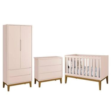 Imagem de Dormitório Infantil Classic 2 Portas, Cômoda 3 Gavetas E Berço Rosa Fosco Com Pés Amadeirado - Reller Móveis Rosa Fosco