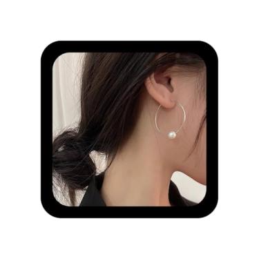 Imagem de Ximdble Brincos de argola vintage vazados de argola grande com pingente de pérola única pingente geométrico aberto prata joia fina para mulheres